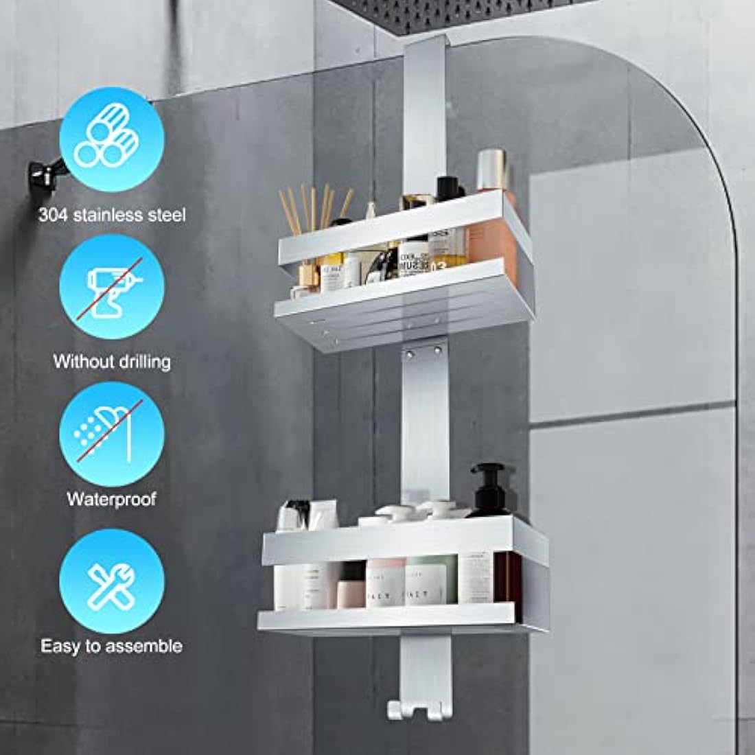 UUlioyer Hanging Shower Caddy, SUS304 Stainless Steel Over Door Shower Shelf, Bathroom Storage No Drilling (Style A - Silver)