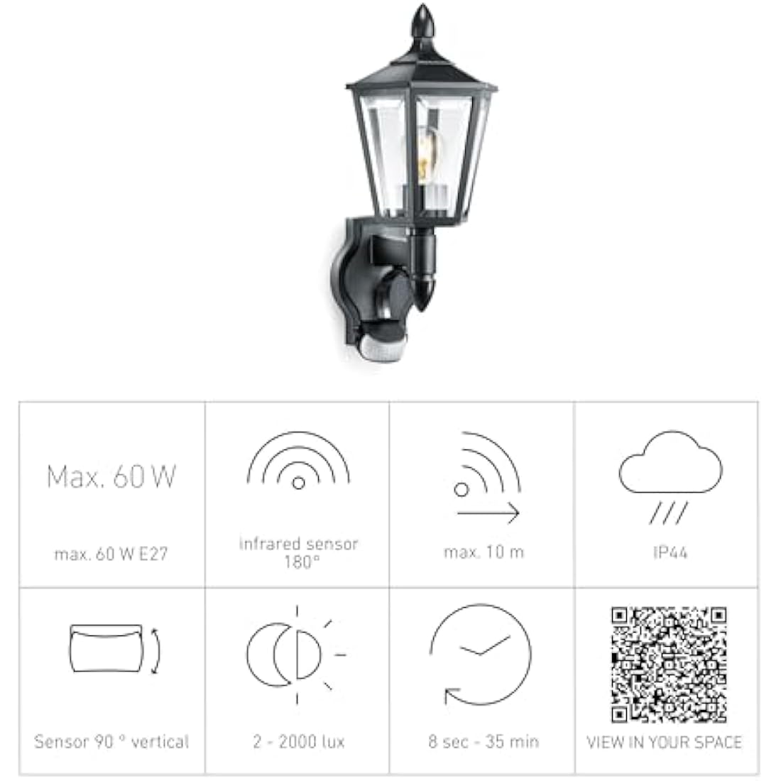 Steinel Outdoor Wall Light L 15 S black- 180° Motion Sensor, 10 m Reach,max. 60 W, Classic Design, for Entrance and Fronts