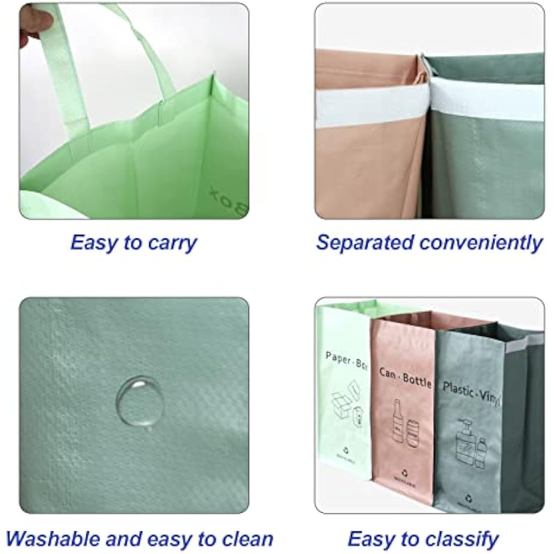 BOMEI PACK 3 Packs Recycling Bags Pink Green Gray with handle Separate Sorting Organizer Woven waste Bins bag 42 Gallon Waterproof for Kitchen Home Office Heavy Duty Reusable Storage Easy clean