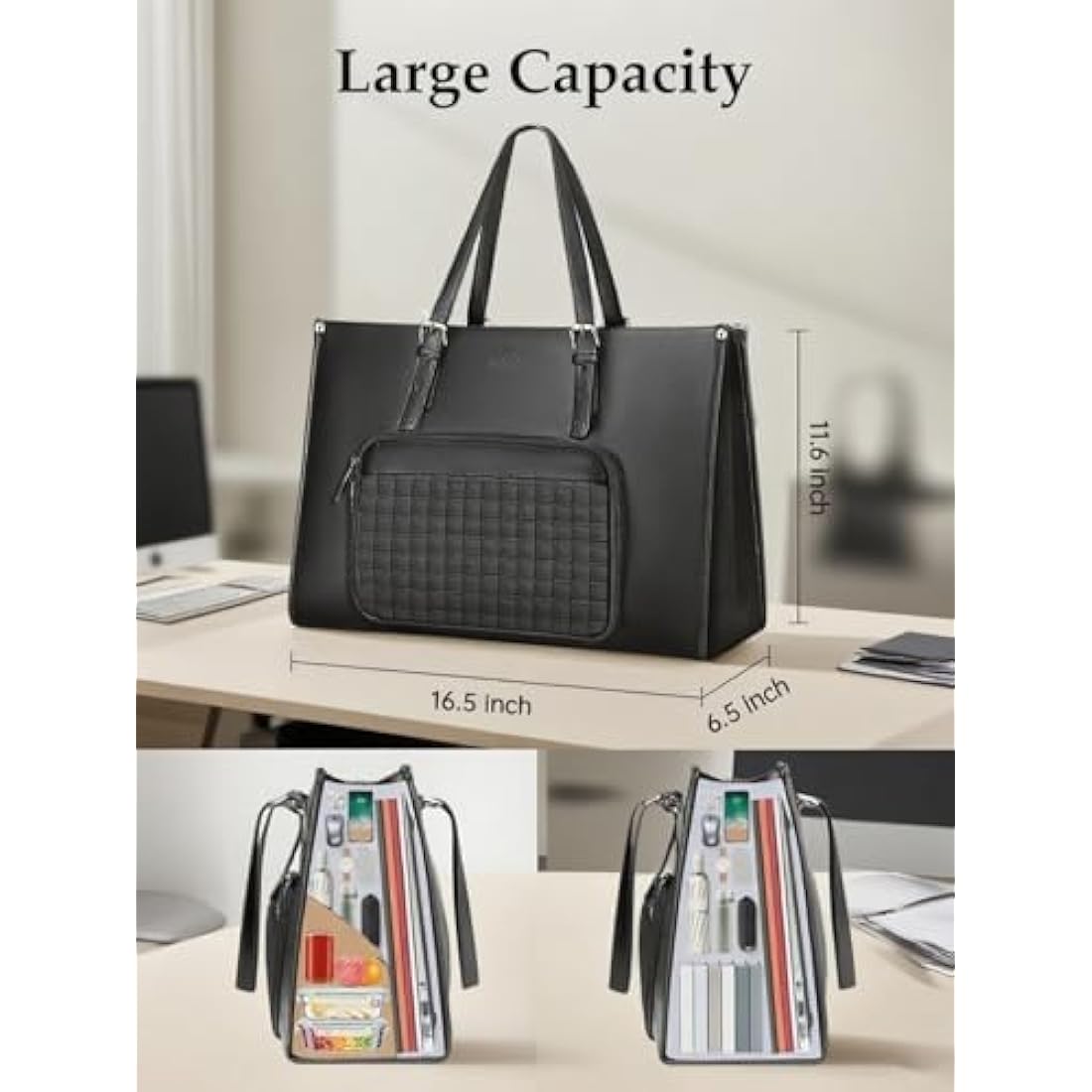 MATEIN Laptop Bags for Women with Insulated Leakproof Lunch Compartment, 15.6 Inch PU Leather Briefcase, Laptop Tote Work Bag with an Adjustable Handle, Designer handbag for School, Office, Black