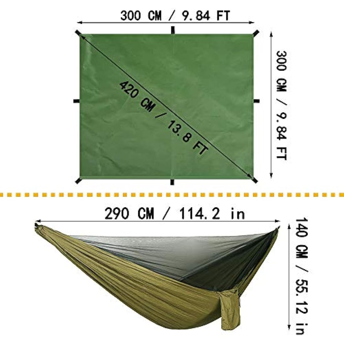 Oversized rain rope tarp and camping hammock with mosquito net, portable single double hammock with tree strap hammock set for camping, backpacking hikes, outdoor backyard