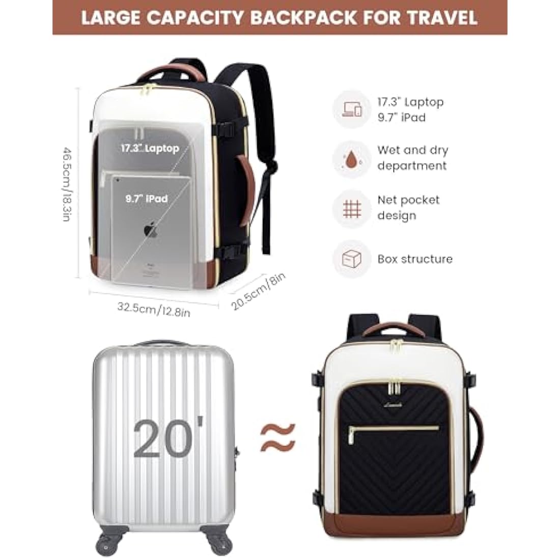 LOVEVOOK Travel Cabin Backpack Womens Large Hand Luggage Rucksack Bag for Plane 40L Weekend Overnight Carry On Bag Waterproof 17 inch Laptop Backpack Ladies Maternity Hospital Bag