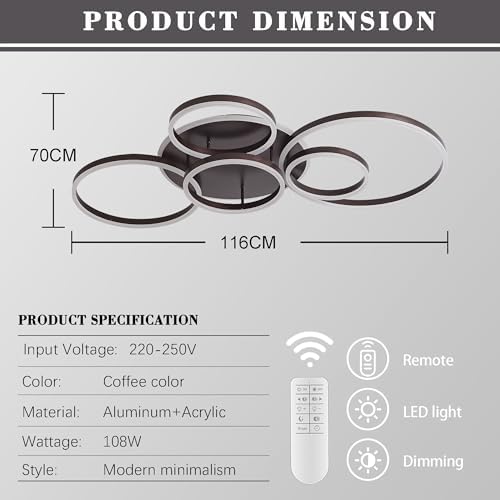 Minifair Dimmable Ceiling Light, 116Cm Flush Mount, 108W 6400Lm, 6 Rings, Brown, Living Room
