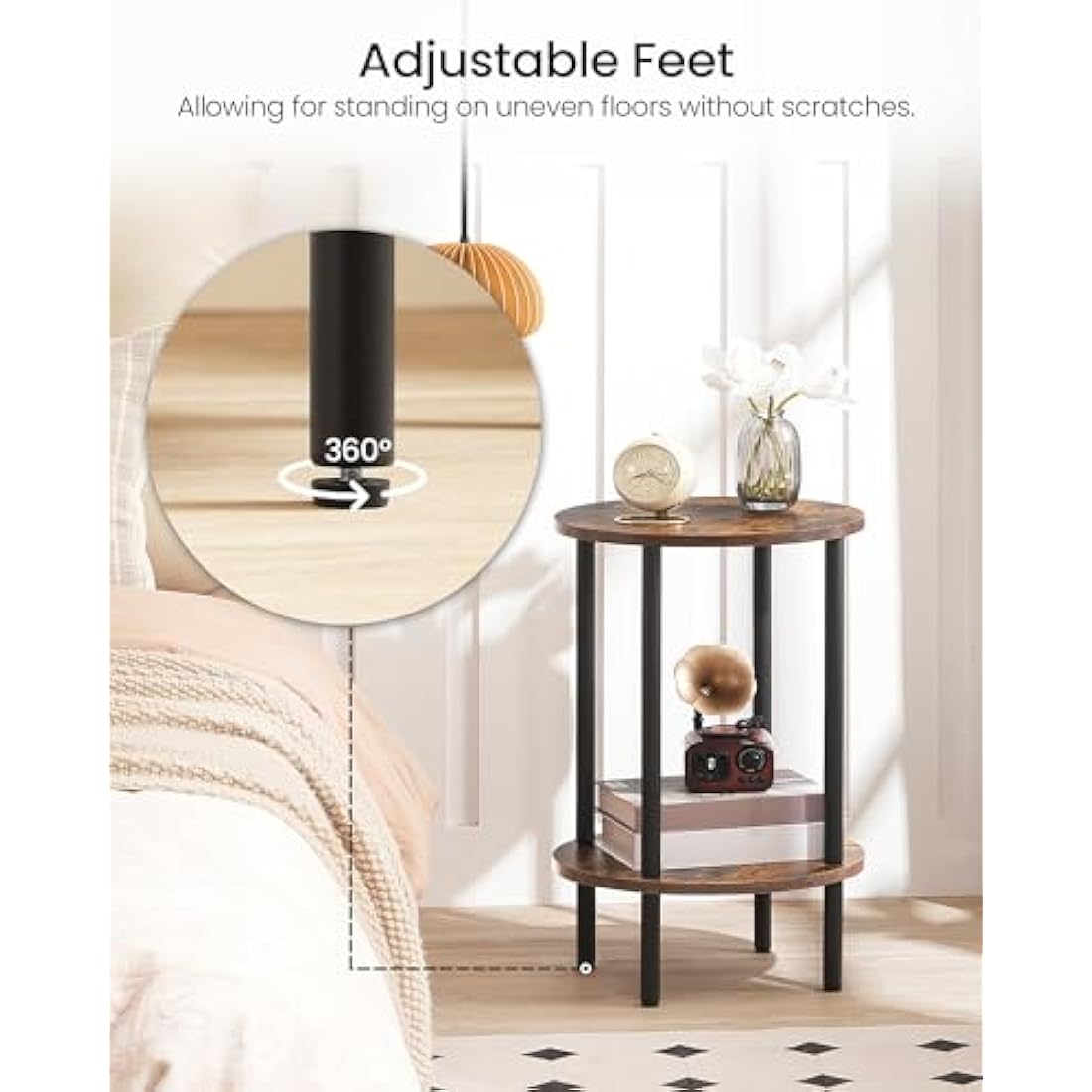 CHOEZON Round Side Table, 2-Tier End Table, Small Round Nightstand with Sturdy Metal Tube, Industrial Coffee Table, for Living Room, Bedroom, Rustic Brown and Black DTBZ01BF