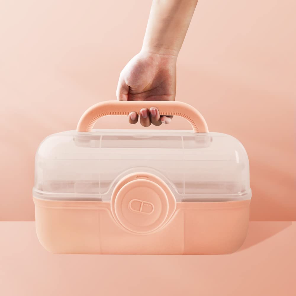 Uotyle Medicine Storage Box 3 Layers First Aid Organiser Case, Plastic Portable Craft Box Kit with Handle, Household Medical Storage Cabinet, Sewing