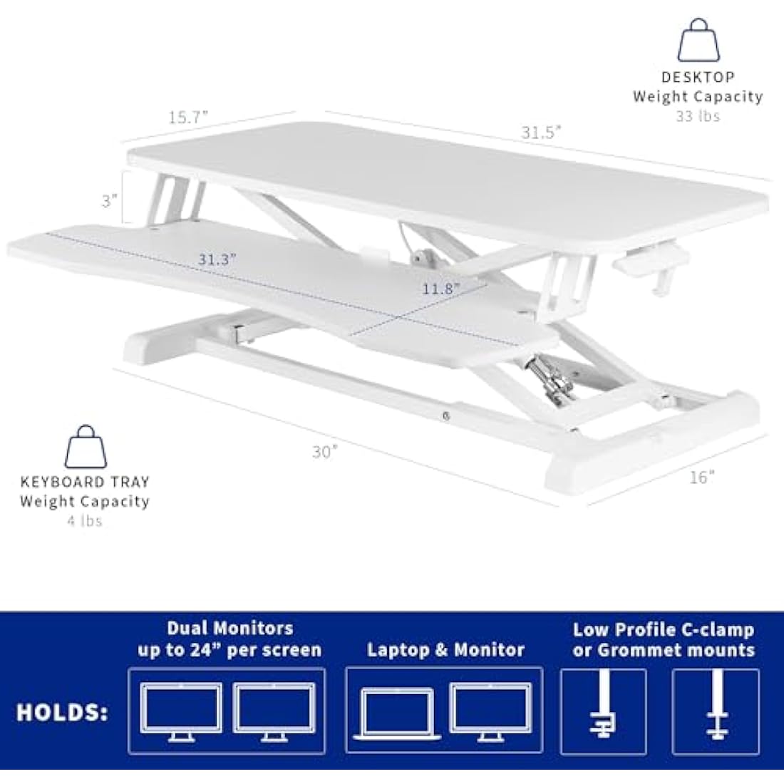 VIVO 81 cm Desk Converter, K Series, Height Adjustable Sit to Stand Riser, Dual Monitor and Laptop Workstation with Wide Keyboard Tray, White, DESK-V000KW