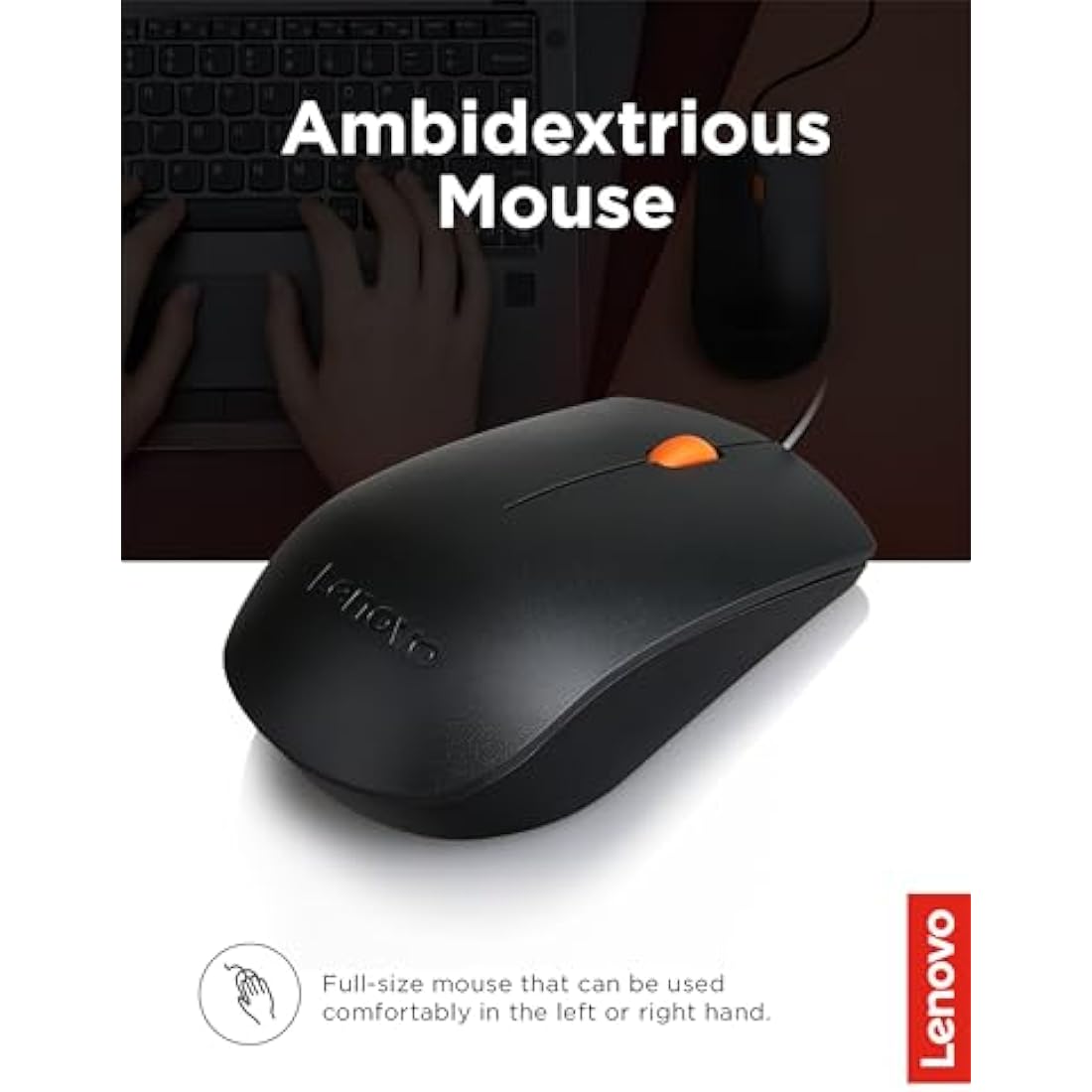Lenovo 300 USB Combo, Full-Size Wired Keyboard and Mouse, Ergonomic, Left or Right Hand, Optical, GX30M39606, Black