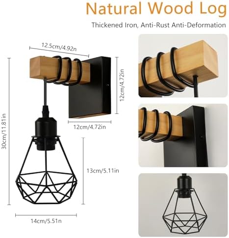 FORCOSO Vintage Wood Wall Lamp 2-Pack, Black E27 Sconce Lights, Industrial Rustic Wall Lighting for Living Room, Bedrooms, Hallway, Stair