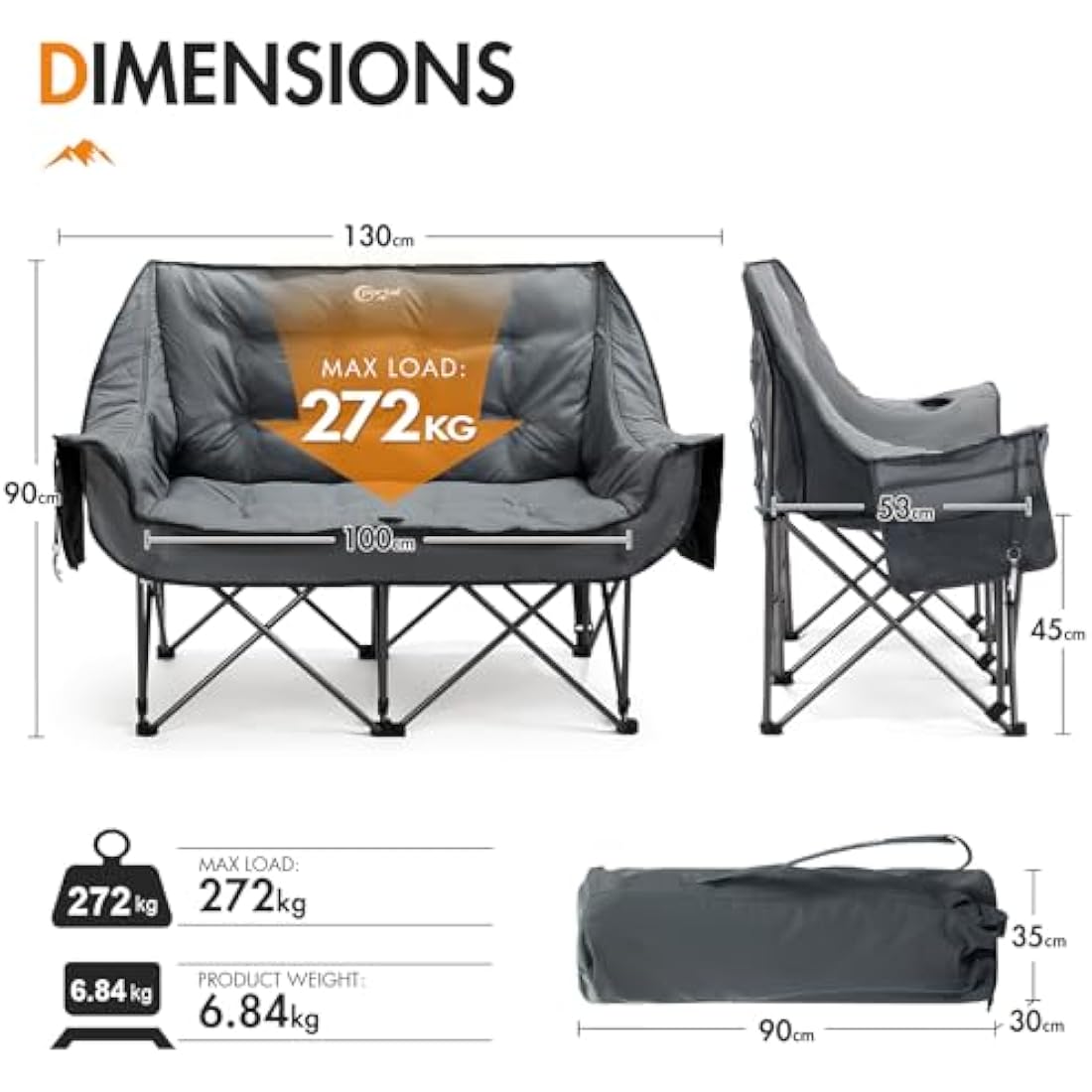 Portal Double Padded Folding Camping Sofa for Adults - Large Quilted Love Seat Luxury Folding Tub Chair - Collapsible Giant Festival Garden Lawn Picnic Chair - Load 272KG