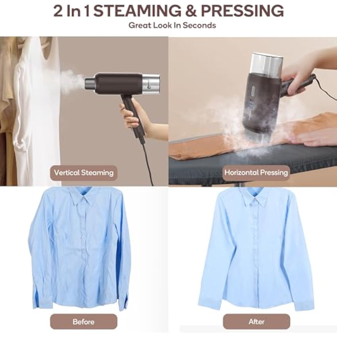 Newbealer Dual Voltage Travel Clothes Steamer - 220V/120V, 1200W Portable Garment Steamer with 180ml Detachable Water Tank, Horizontal & Vertical Steaming, Auto-Off, 20s Fast Heat Up, Brown