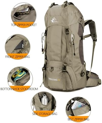 Bseash 60L Waterproof Hiking Camping Backpack with Rain Cover, Lightweight Outdoor Sport Travel Daypack Rucksack for Climbing Skiing