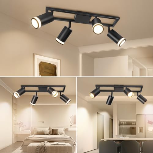Dehobo LED Kitchen Ceiling Lights GU10, Black Ceiling Spotlights 4 Flames Swiveling 350°, Ceiling Light Bar Spotlight for Kitchen Bedroom Living Room, No Bulbs