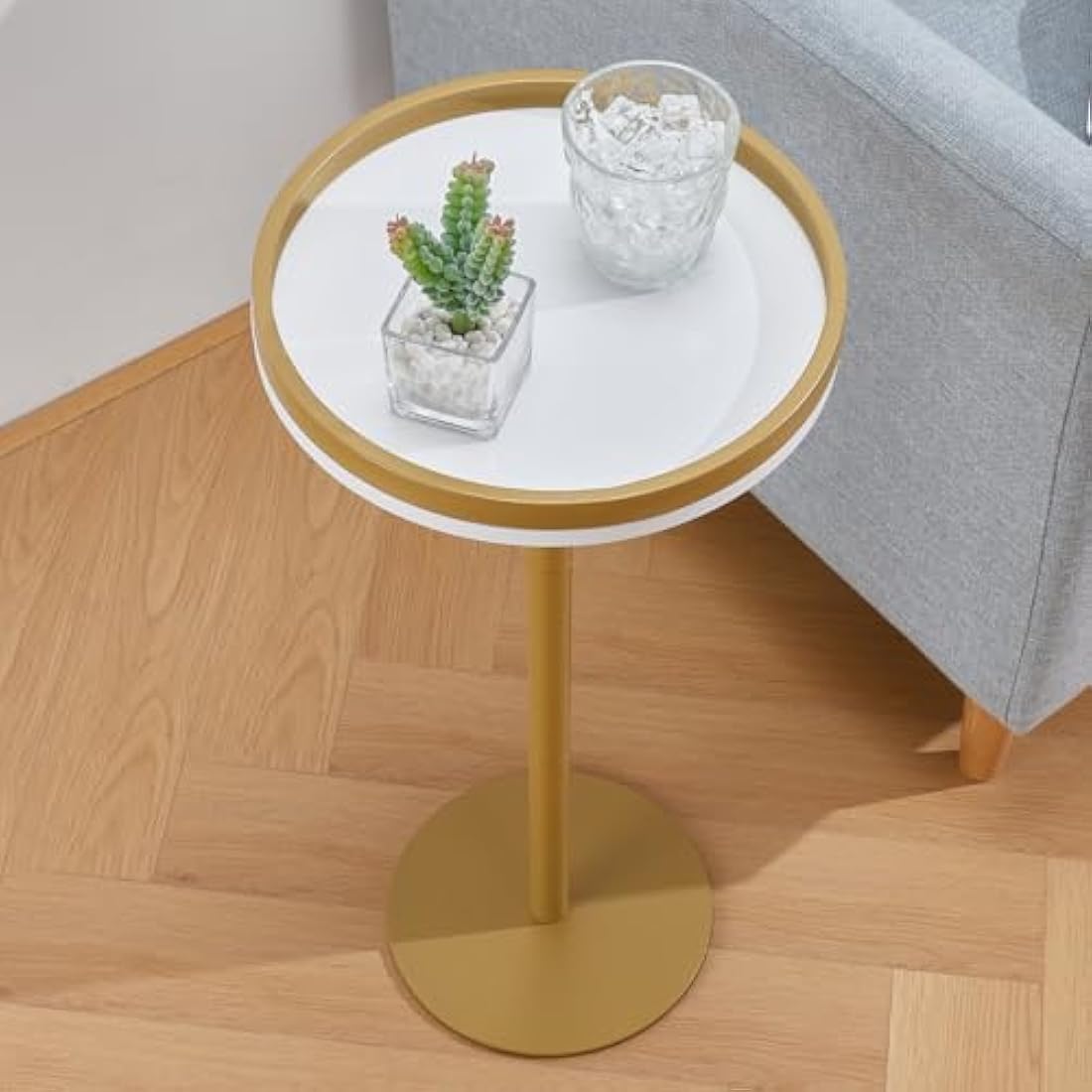 ZEXVIDA Small Round Coffee Table for Small Spaces,Drink Table for Living Room, Bedroom, Bathroom,Balcony (White Gold)