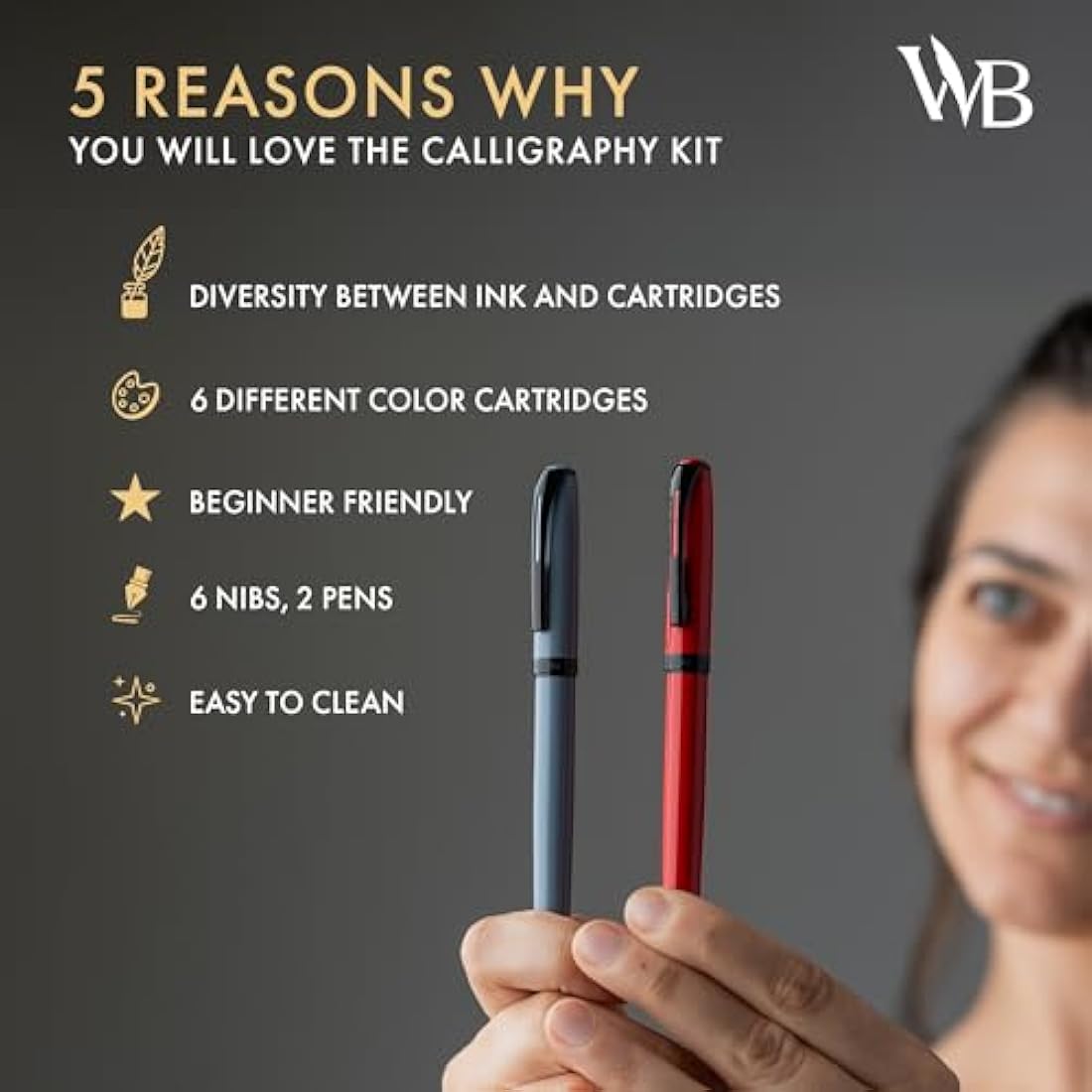 Wordsworth and Black Calligraphy Pen Set - Grey - Includes 2 Calligraphy Pens, 18 ML Ink Bottle, 60 Ink Cartridges, A Refill Converter, 1 Medium and 4 Broad Nibs, Brush Pen