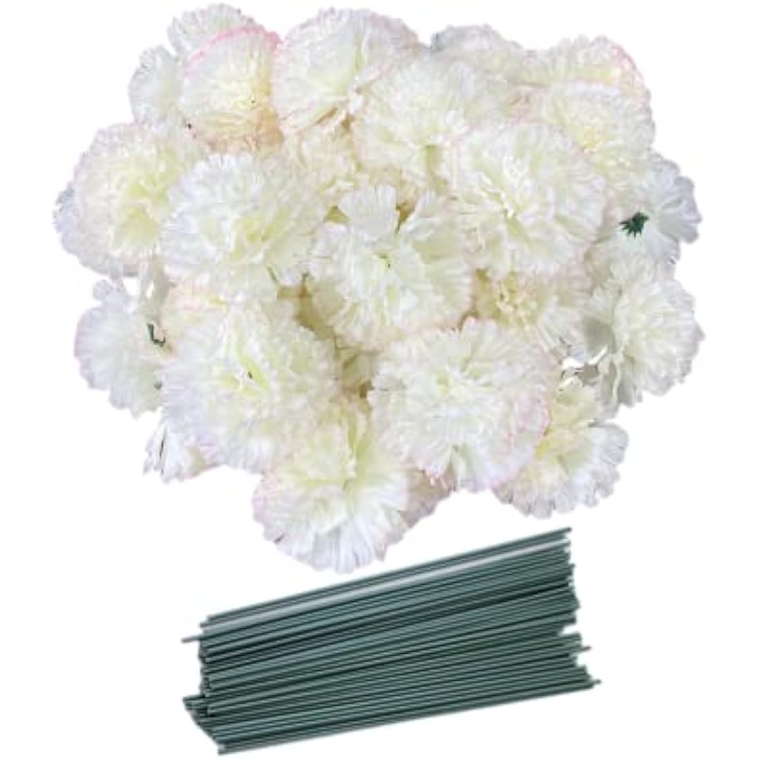 Rikyo 50 Artificial Silk Carnation Flower Head with Stems Set,Vase Fillers for Home Decor Party Birthday Cake Ornaments,Handmade Wrist Corsage, 3''Multiple Petals Heads & 8'' (Champagne)