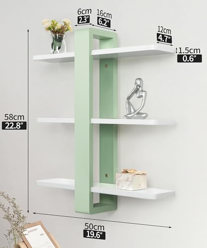 SUMGAR Floating Shelves for Wall Mounted Shelf Unit White Green All Pine Wood 50CM 3 Tier Large Rack for Bedroom Living Room Office Bathroom Home