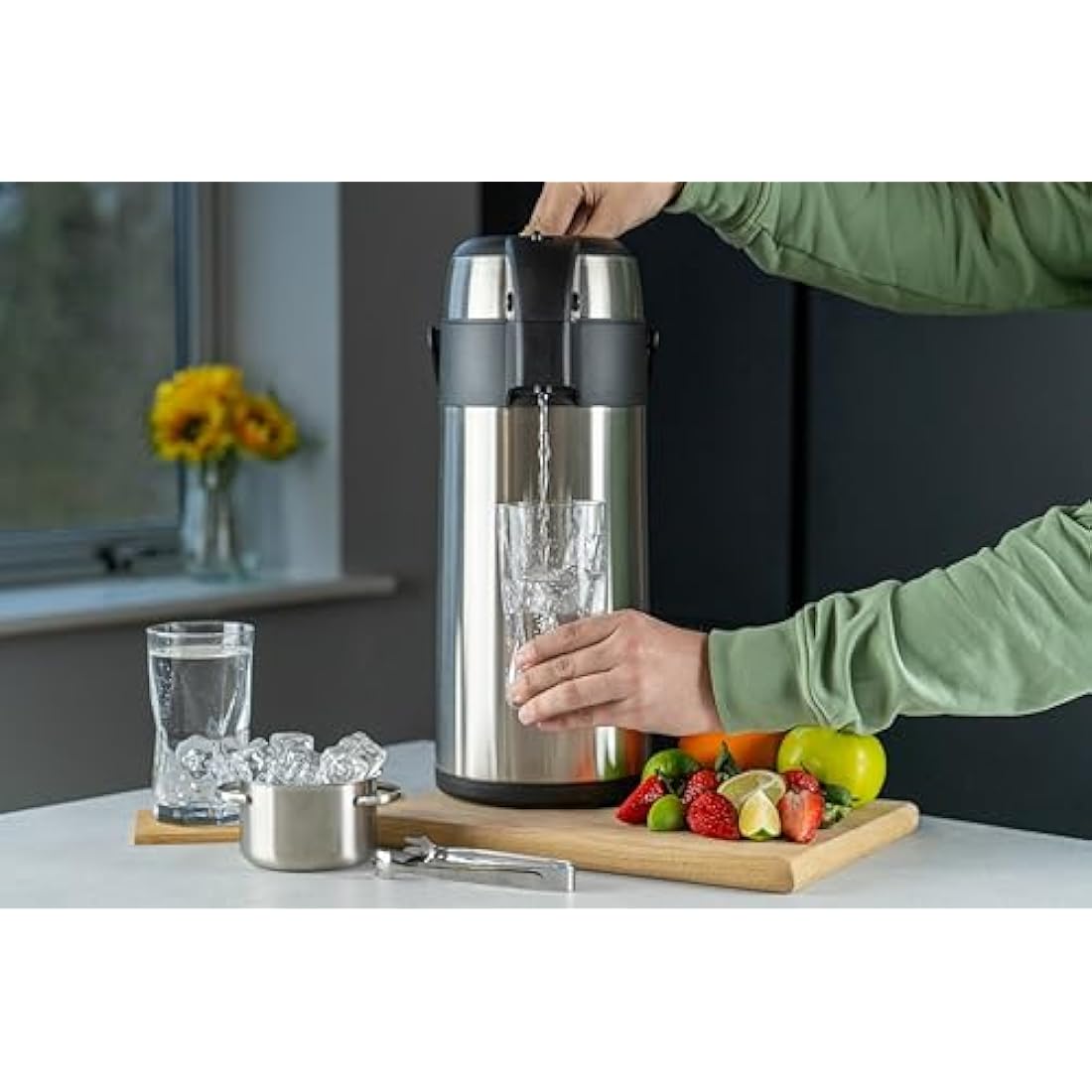 Pioneer Flasks Stainless Steel Airpot Hot Cold Water Tea Coffee Dispenser Conference Event Flask, Satin Finish, 4 litres
