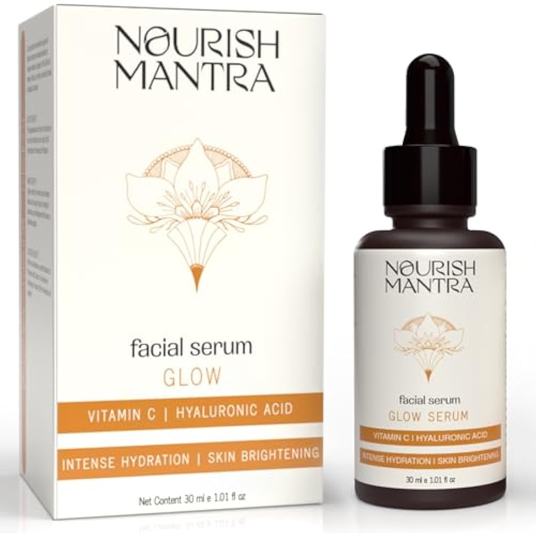 Nourish Mantra Glow Facial Serum, Vitamin C and Hyaluronic Acid, Skin Brightening, 30ml