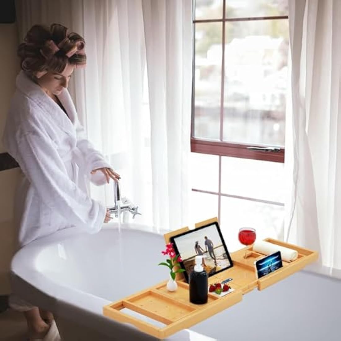 Premium Bamboo Bath Tray – Expandable Bath Caddy Tray- Adjustable Bathtub Tray Caddy,Fits Most Bathtub Sizes