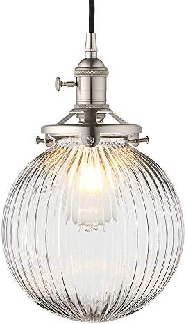Yosoan Vintage Edison Switch Pendant Light Fiting with Ribbed Globe Glass Shade, Industrial Pendant Light Fitting Chandelier for Kitchen Dining Room Bedroom Restaurant (Brushed)
