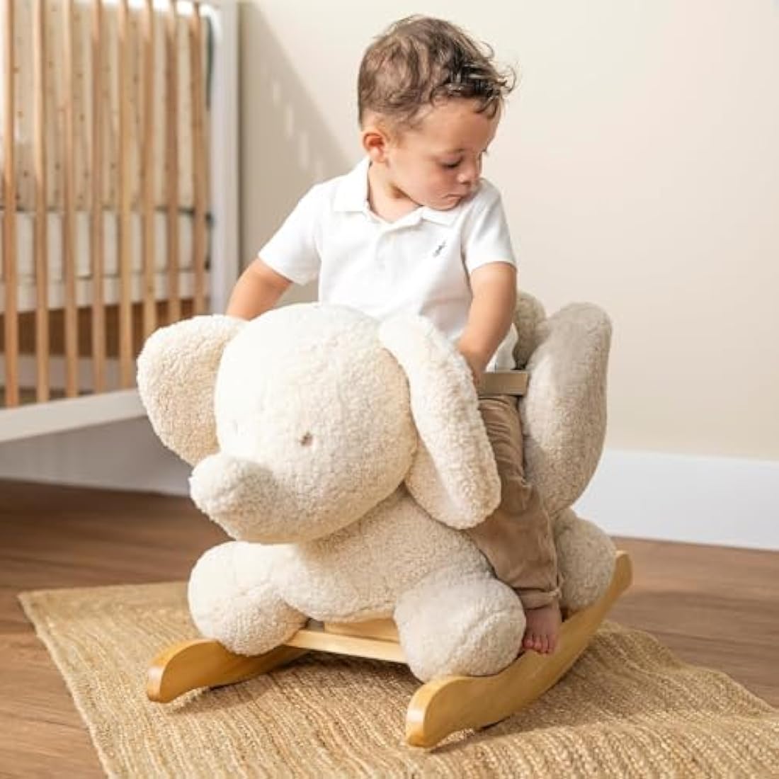 Nattou Wooden Rocker, Fully Padded Seat, Side Supports, Safety Belt, Handles For Small Hands, PETA-Approved Vegan, Soap-Water Cleaning, Super Soft Teddy Fabric Material, 10-36 Months, Ecru Elephant
