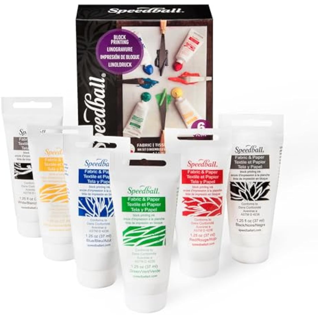 Speedball Fabric And Paper Block Printing Ink Set, 6x 37cc 1.25oz Tubes, Blue, Yellow, Green, White, Black, Fabric Block Printing Ink Opaque White, Fabric Printmaking Ink, No Heat Set, Touch Dry