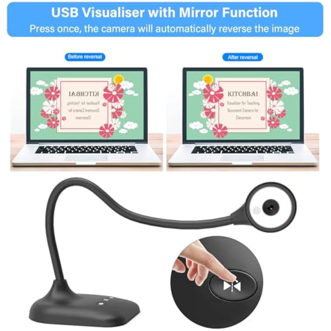 Kitchbai Visualiser, USB Document Camera for Teaching, PC Camera for Classroom with Auto Focus, MIC, LED Light, Image Invert, Fold, for Mac OS, Windows, Chromebook, for Distance Learning, Online Art