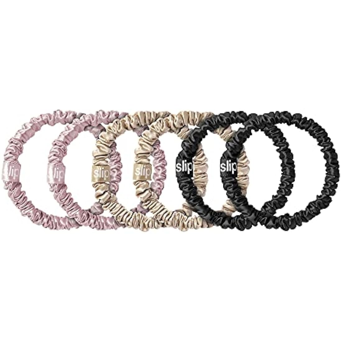 SLIP Silk Skinnie Scrunchies Set - Black, Pink, and Caramel - 100% Pure 22 Momme Mulberry Slipsilk Hair Ties for Women - 6 Pack