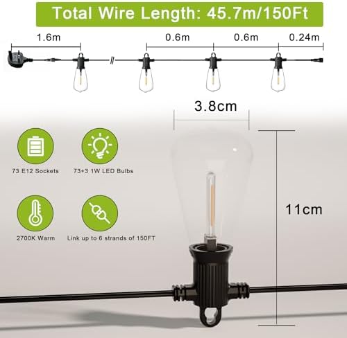 Kawaya Outdoor Festoon Lights Mains Powered 45.7m / 150ft Garden String Lights Waterproof with 73+3pcs LED Bulbs Shatterproof Vintage Dimmable for Outside Fence Terrace Gazebo Wedding Festival