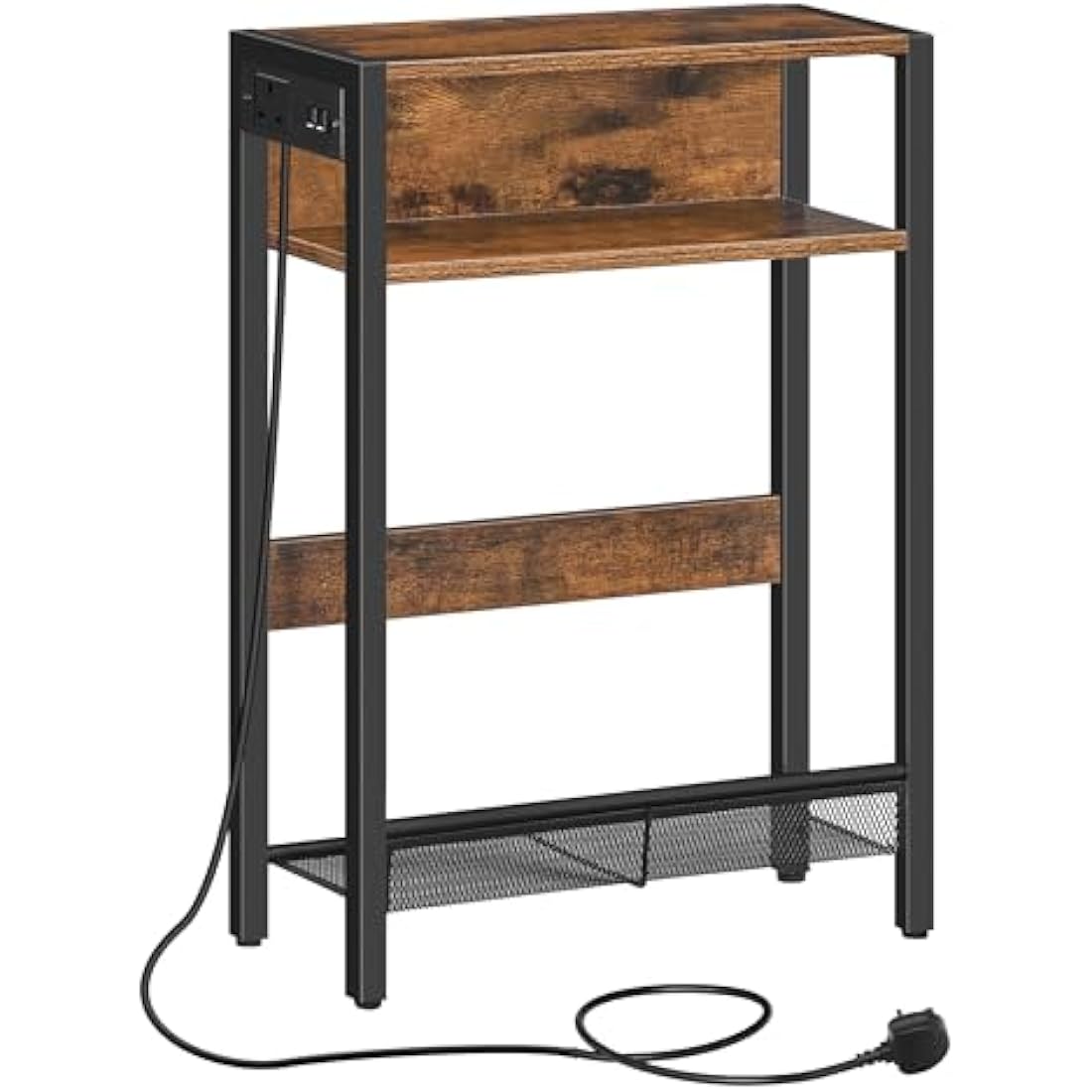 CHOEZON Side Table with Charging Station, Narrow End Table, Slim Nightstand for Small Space, Skinny Beside Table with Storage, for Living Room, Bedroom, Rustic Brown and Black DTBZ05KBF