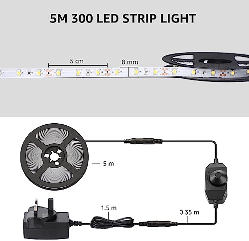 Lepro LED Strip Light White 5M 300 LEDs, 1650lm Dimmable Strip Lights for Kitchen, Cool White 6000K Daylight LED Strip for Under Units Cabinet Cupboards (12V Power Plug and Dimmer Switch Included)