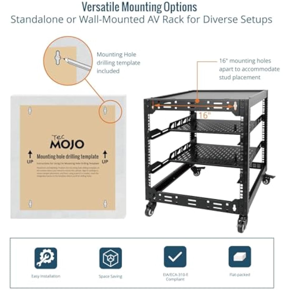 Tecmojo 12U Open Frame Network Rack, 19" Compatible, Floor Standing and Wall Mountable, with 2x 1U Server Shelf & Mounting Hardware, AV & IT Equipment Rack for for Office/Home