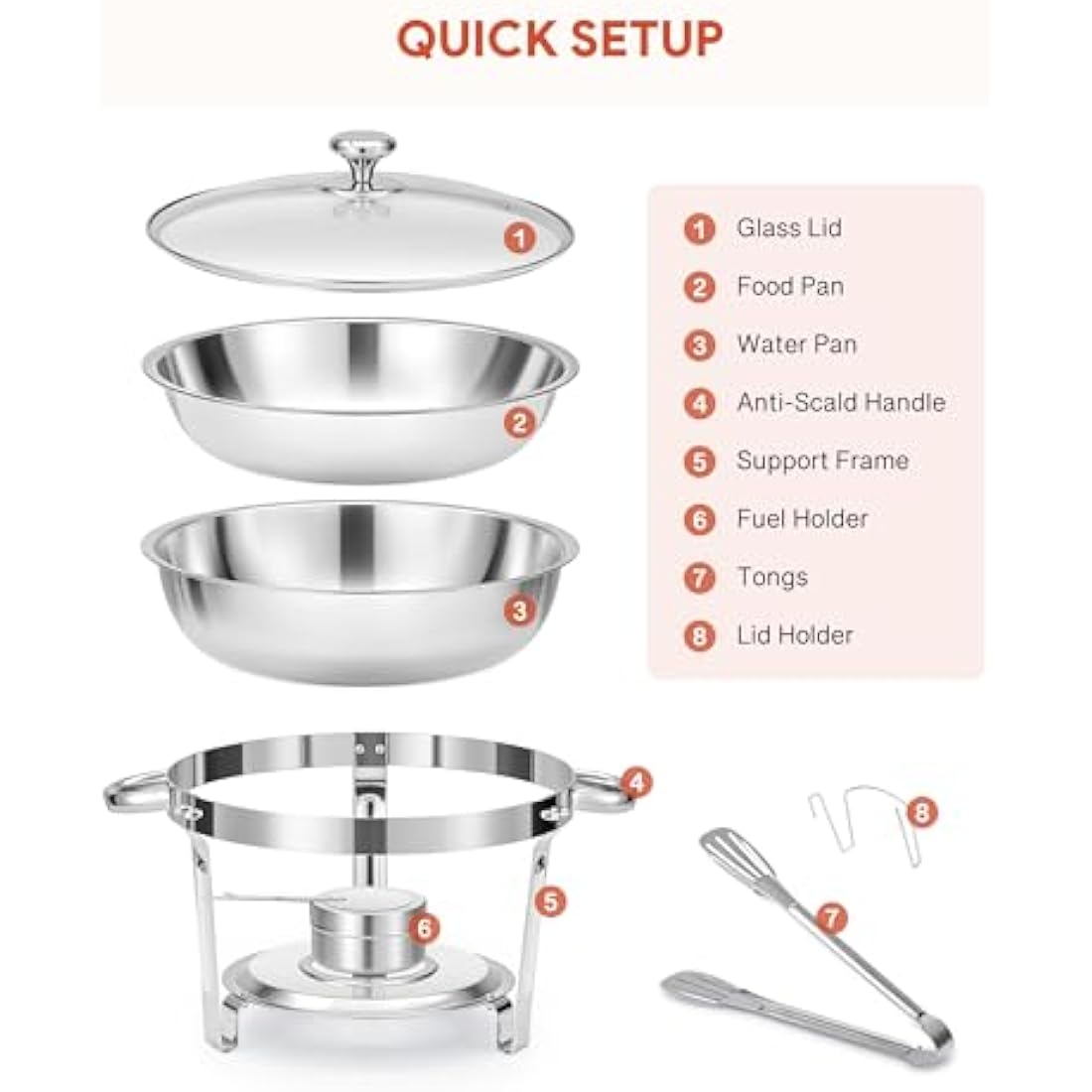 WILPREP Chafing Dish Buffet Set, 4 Pack 4.5L Round Chafers for Catering with Glass Lid & Lid Holder Water Food Pan, Stainless Steel Food Warmers