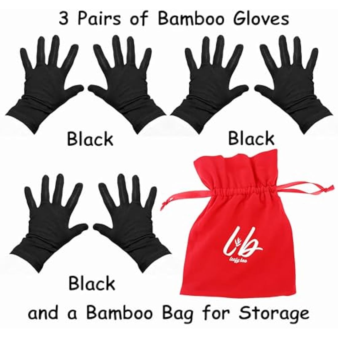 Bamboo Gloves for Eczema, Black, Medium, Women and Men, Dry Hands, Overnight Moisturising Gloves, 3 Pairs