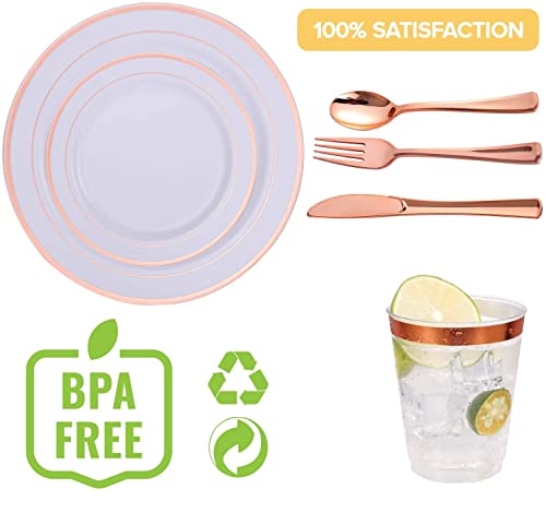 LATERN 150Pcs Multi-Use Rose Gold Plastic Dinnerware Set, 25 x Reusable Dinner Plates, 25 x Salad Plates, 25 x Knive, 25 x Mini Forks, 25 x Spoons, 25