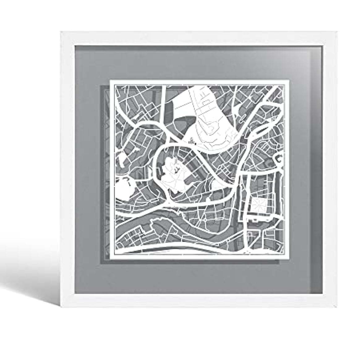 O3 DESIGN STUDIO Bristol Paper Cut Map framed, White map, White frame, 23x23 cm, Gift Boxed, 4 background color, self-changing, Paper Art