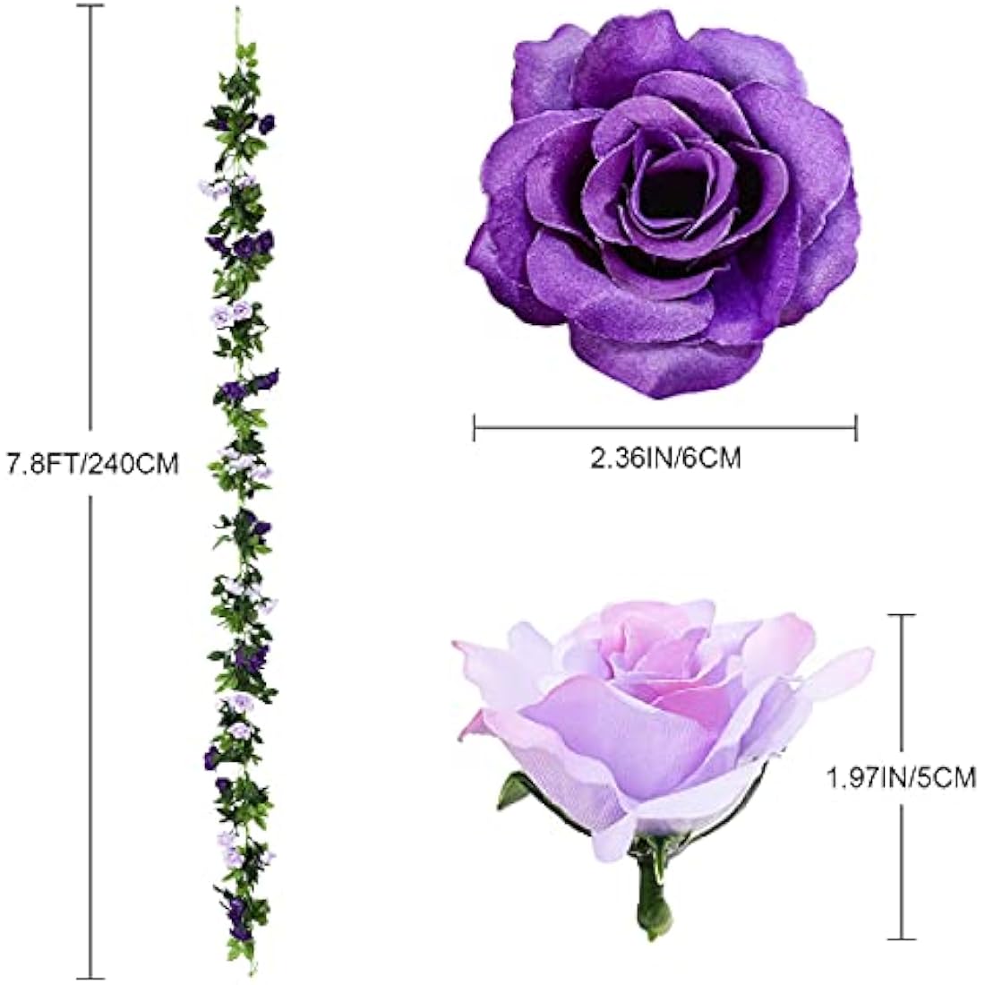 Veryhome 3PCS 7.9FT Artificial Purple Rose Flower Garland, Silk Hanging Floral Garland, Decorative Flower Vines for Room Decor Wedding Flowers Arches for Ceremony (Purple)