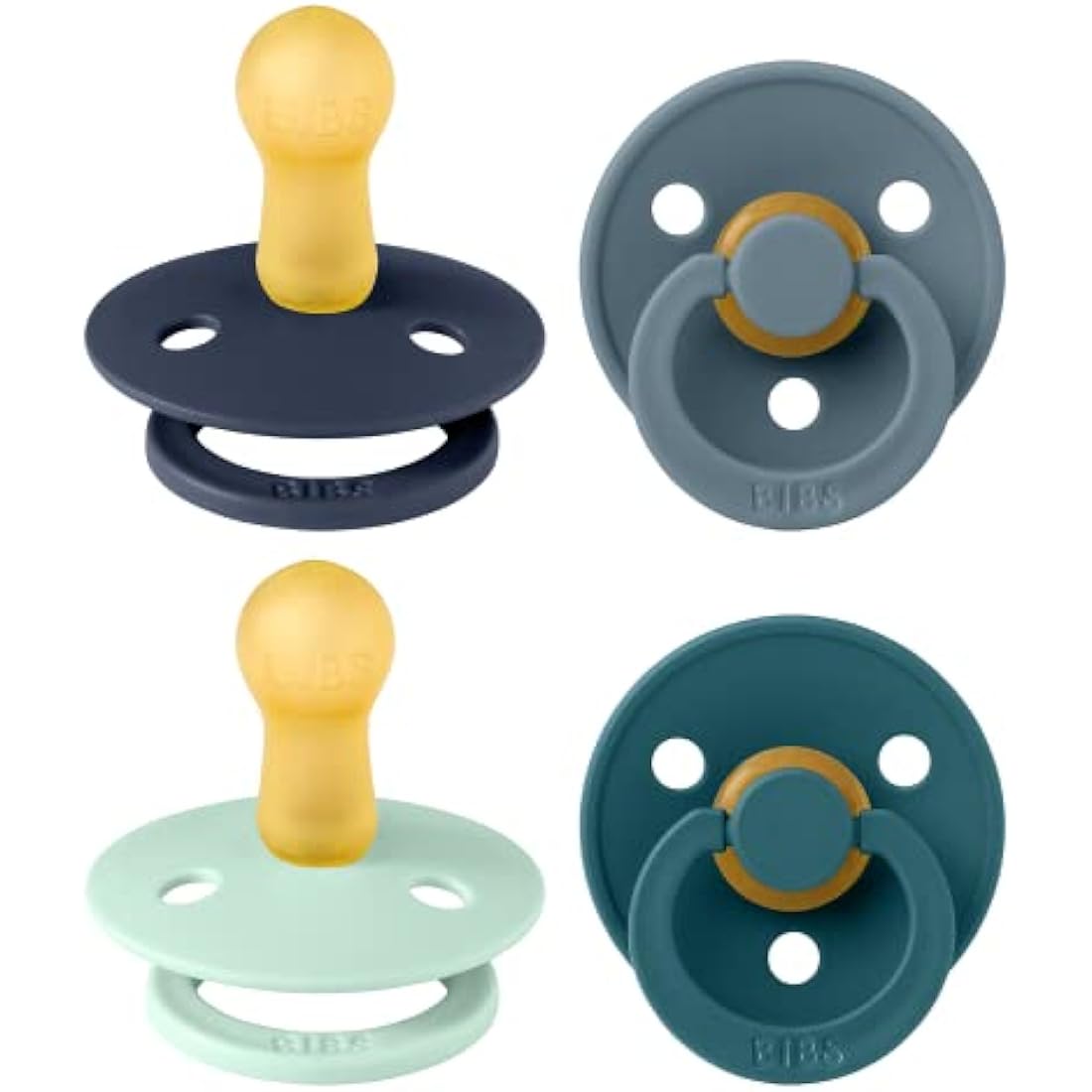 BIBS Dummies Colour 4-Pack, BPA Free Dummy Pacifier, Round Nipple Soothers, Natural Rubber Latex, Made in Denmark. 6-18 Months (Pack of 4), Baby Boy Colours