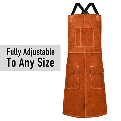 Leather Welding Work Apron - Heat Resistant & Flame Resistant Bib Apron, Flame Retardant Heavy Duty BBQ Apron, Adjustable One Size Fit Most Brown-24"x