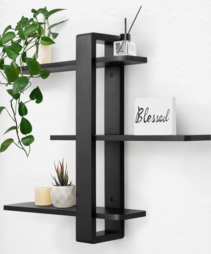 SUMGAR Floating Shelves Black for Wall Mounted Shelving Unit All Pine Wood 50CM 3 Tier Large Shelf for Bedroom Living Room Office Bathroom Home