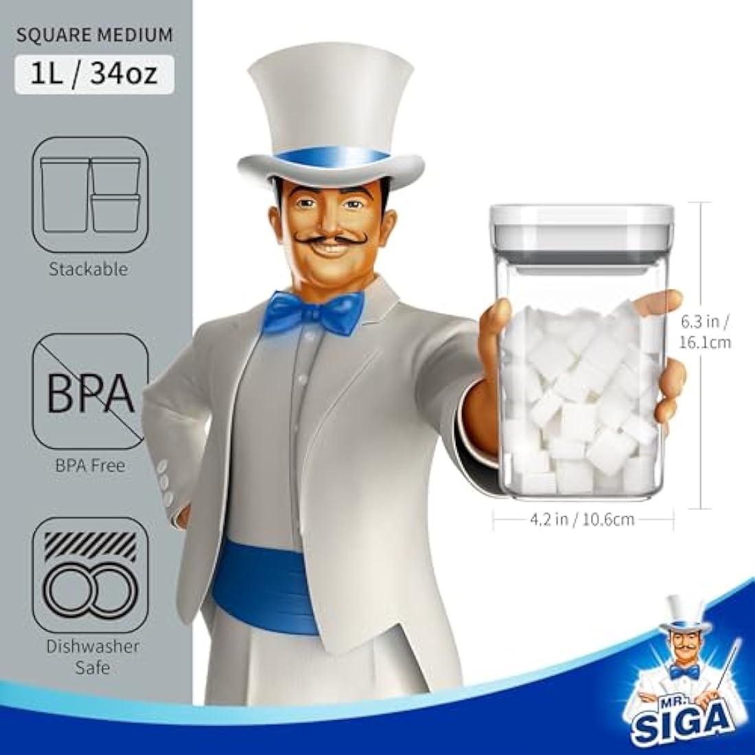 MR.SIGA 4 Pack Airtight Food Storage Container Set, BPA Free Kitchen Pantry Organization Canisters with One-handed Leak Proof Lids, 1L / 33.8oz, Medium, White
