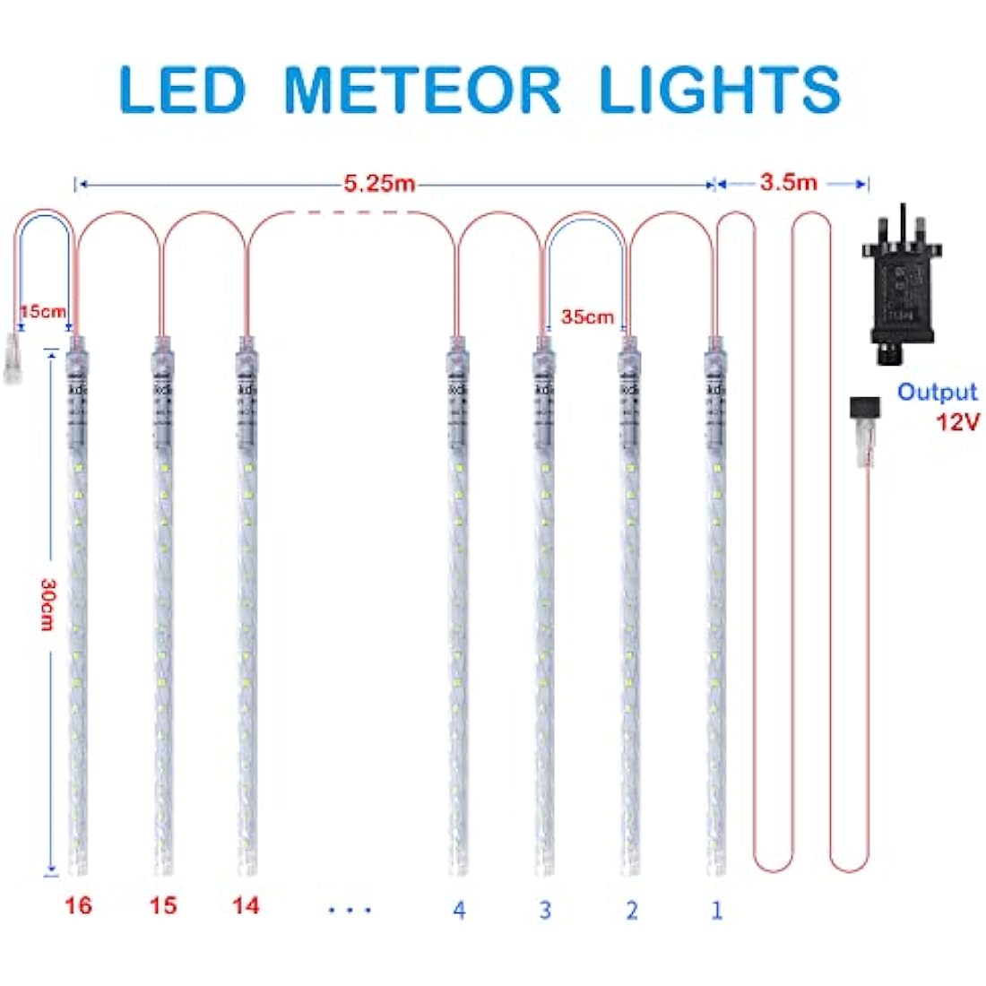 Vikdio Christmas Lights Outdoor, Meteor Shower Lights 16 Spiral Tubes 30cm 480 LEDs 5.25m Lit Length, Waterproof Snowfall Icicle Lights for Outdoor Xmas Decoration Party Tree Window (White)