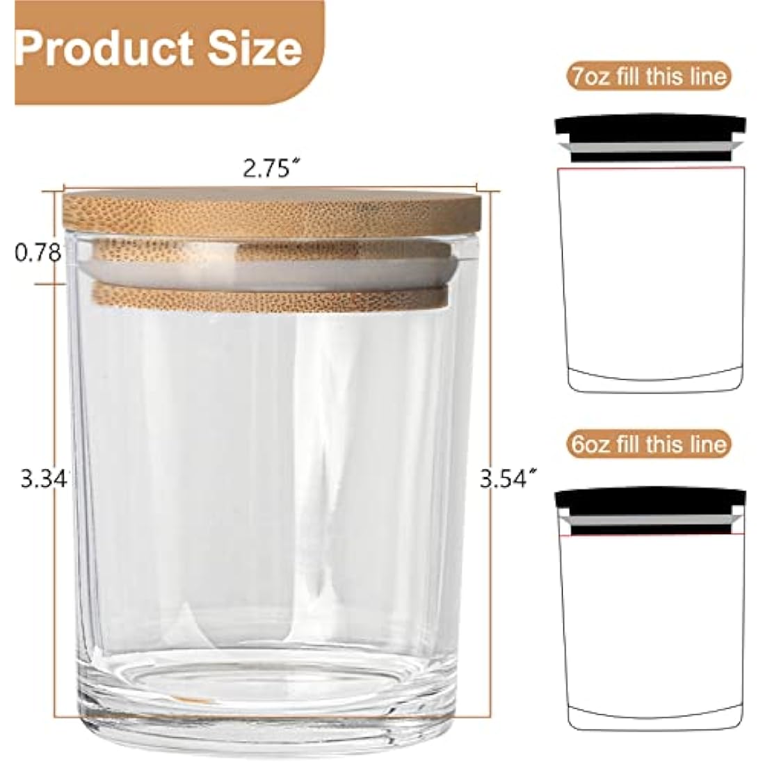 CONNOO 15 Pack 7 OZ Clear Candle Jars with Bamboo Lids, Thick Glass Empty Jars for Making Candles - Dishwasher Safe, in Bulk.