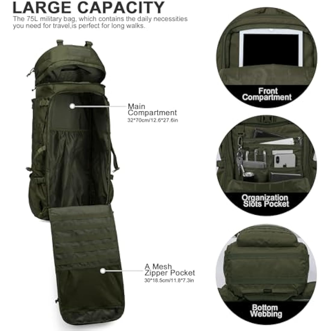 Mardingtop 75L Tactical Backpack Large Camping Backpack Military Rucksack with Rain Cover Molle System Army Backpack for Outdoor Trekking,Mountaineering,Hiking