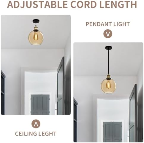 FORCOSO Industrial Glass Pendant Light - Vintage Ceiling Lights with Clear Ball Glass Shade Adjustable Hanging Pendant Lighting for Kitchen Island Dining Room Bedroom - ø20 cm