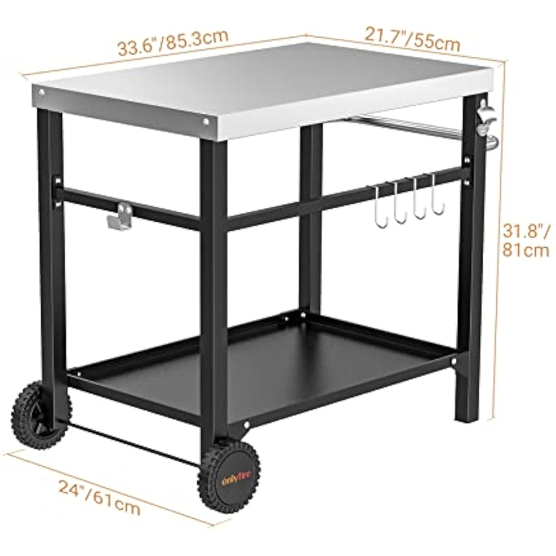 Onlyfire BBQ Serving Trolley Table, Stainless Steel Flattop Worktable, Double-Shelf with Utensil Holder for Outdoor Grilling and Cooking