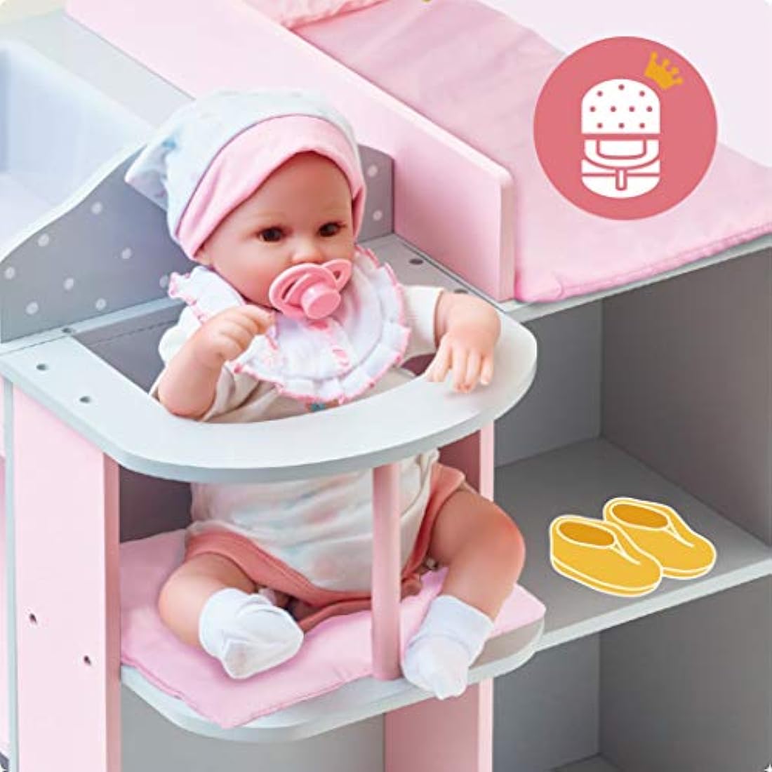 Olivia's Little World 6-in-1 Wooden Baby Doll Changing Station with Crib, Changing Table, High Chair, Double-Door Closet, Sink and Washing Machine, Multicoloured