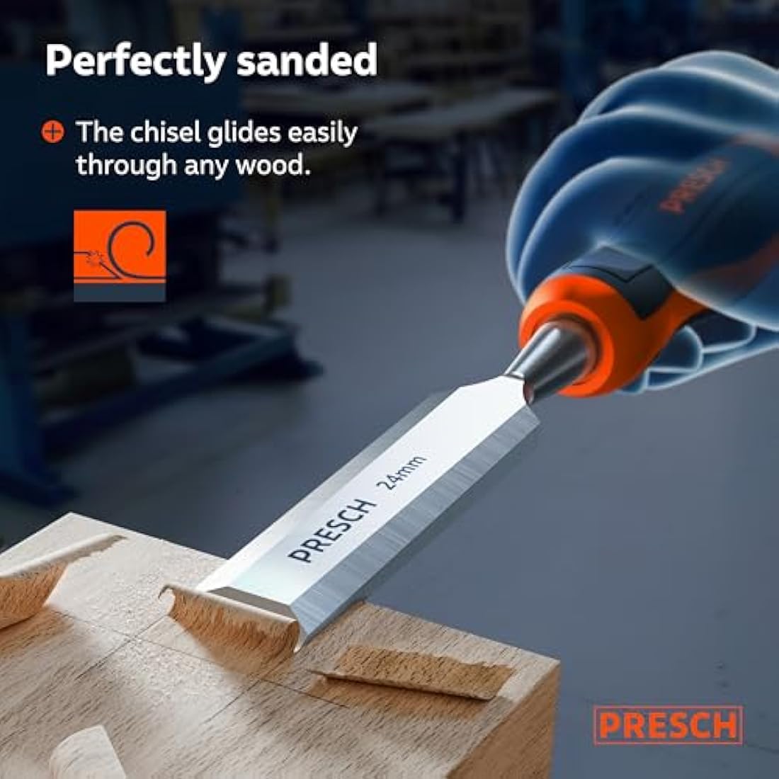 Presch Wood Chisel Set 4 pcs. incl. Bag (6, 12, 18 & 24mm) - Fully Polished for immediate use - for Professionals with a 25° Angle and Robust Metal Striking Cap