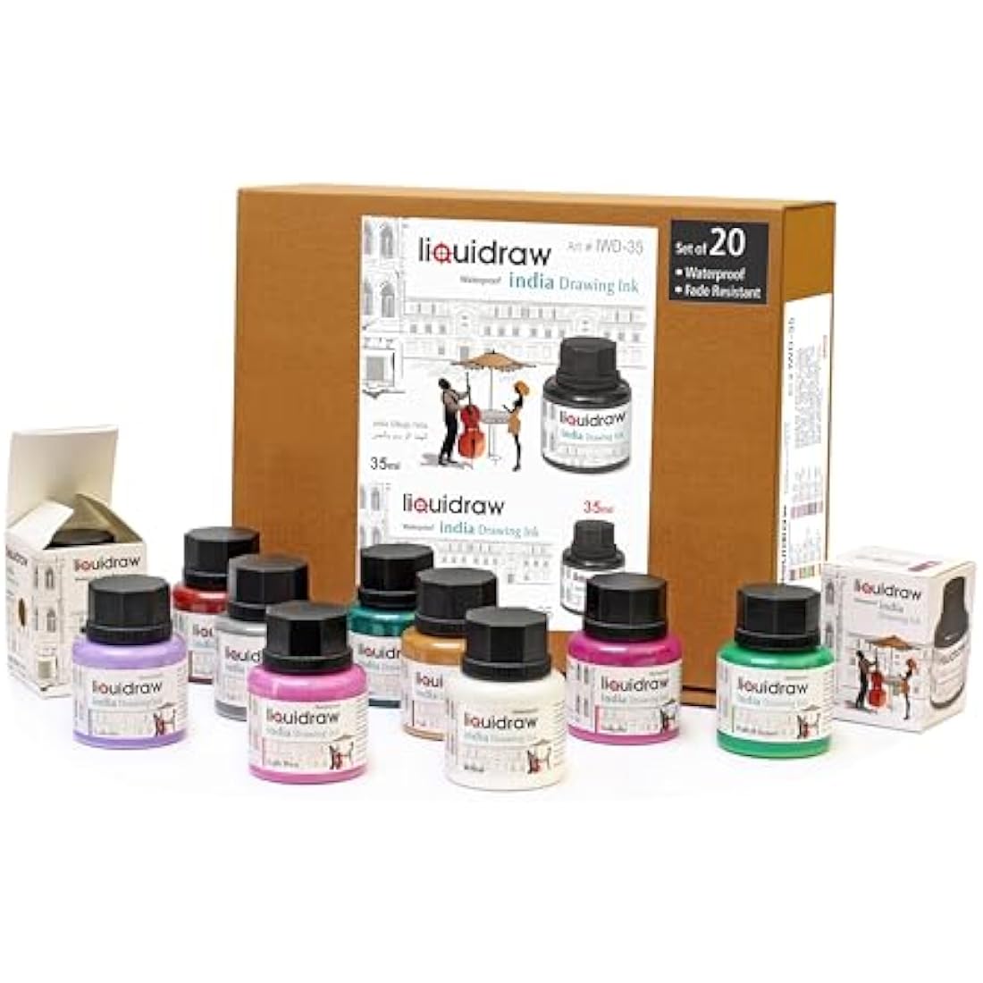 Liquidraw Coloured Drawing Ink Set India Ink, Waterproof, Set of 20 Assorted Colours, 35ml Indian Inks for Artists