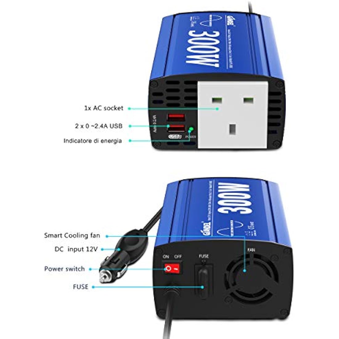 GIANDEL Pure Sine Wave Power Inverter 300Watt Car Adapter Converts 12V DC to 240V 230V AC with 4.8A Dual USB and AC Outlet for Tablets Laptops Smartphones Blue
